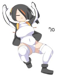 Rule 34 | 1girl, arms up, black footwear, black hair, black jacket, boots, breasts, closed eyes, commentary request, covered navel, emperor penguin (kemono friends), full body, hair between eyes, hair over one eye, headphones, highres, jacket, kemono friends, large breasts, lets0020, long bangs, multicolored hair, numbered, one-piece swimsuit, open clothes, open jacket, open mouth, orange hair, short hair, simple background, solo, streaked hair, swimsuit, thighhighs, white background, white one-piece swimsuit, white thighhighs