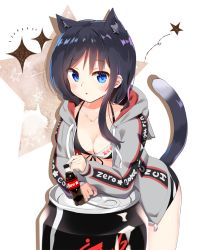 Rule 34 | 1girl, :o, animal ears, bikini, bikini top only, black bikini, black hair, blush, bottle, breasts, can, cat ears, cat girl, cat tail, cleavage, coke bottle, cola, collarbone, commentary request, front-tie bikini top, front-tie top, grey jacket, hair between eyes, hood, hood down, hooded jacket, jacket, kutata, leaning forward, long hair, long sleeves, looking at viewer, medium breasts, open clothes, open jacket, original, oversized object, parted lips, puffy long sleeves, puffy sleeves, sleeves past wrists, solo, sparkle, star (symbol), swimsuit, tail, tail raised, white background