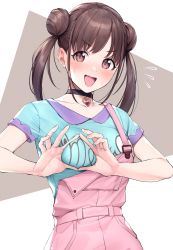 Rule 34 | 1girl, @ @, blush, brown hair, choker, double bun, hair bun, hands on own chest, highres, hiyashi mirano, idolmaster, idolmaster shiny colors, jewelry, looking at viewer, overalls, pendant, red eyes, sidelocks, simple background, sonoda chiyoko, sweat, twintails