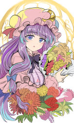 Rule 34 | 1girl, blue bow, blue ribbon, bouquet, bow, breasts, capelet, crescent, crescent hat ornament, crescent pin, dress, flower, hair bow, hat, hat ornament, hat ribbon, highres, holding, holding bouquet, large breasts, long hair, looking at viewer, mob cap, namiki (remiter00), open mouth, patchouli knowledge, pink capelet, pink robe, purple eyes, purple hair, red bow, red ribbon, ribbon, robe, solo, striped clothes, striped dress, touhou, upper body, vertical-striped clothes, vertical-striped dress