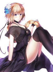 Rule 34 | 1girl, alternate costume, bad id, bad pixiv id, bare shoulders, blonde hair, blue eyes, braid, choker, collarbone, dress, fate/apocrypha, fate (series), flower, hair flower, hair ornament, hair ribbon, highres, jeanne d&#039;arc (fate), jeanne d&#039;arc (formal dress) (fate), jeanne d&#039;arc (ruler) (fate), jewelry, linon, necklace, ribbon, see-through, simple background, sitting, smile, solo, white background