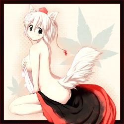 Rule 34 | 1girl, animal ears, ass, back, bad id, bad pixiv id, black border, border, breasts, covering privates, covering breasts, female focus, hat, inubashiri momiji, large breasts, leaf, looking back, maple leaf, short hair, skirt, solo, tail, tokin hat, topless, touhou, uboaa (uhhohho), white hair, wolf ears, wolf tail