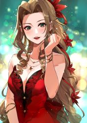 Rule 34 | 1girl, aerith gainsborough, aerith gainsborough (red dress), bare shoulders, blush, bracelet, breasts, brown hair, buttons, cleavage, collarbone, dress, drill hair, final fantasy, final fantasy vii, final fantasy vii remake, flower, forehead, gradient background, green background, green eyes, hair flower, hair intakes, hair ornament, highres, jewelry, light particles, long hair, looking at viewer, medium breasts, necklace, open mouth, parted bangs, red dress, smile, wall market, yuu (higashi no penguin)