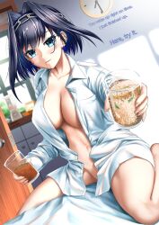 Rule 34 | 1girl, blender (object), blue eyes, blue hair, breasts, cleavage, cup, dutch angle, food, hair intakes, highres, holding, holding cup, hololive, hololive english, indoors, large breasts, looking at viewer, medium hair, naked shirt, navel, noodles, on bed, ouro kronii, shirt, sitting, solo, trw18 th, virtual youtuber, white shirt