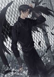 Rule 34 | 1boy, aqua eyes, artist name, black hair, black nails, black pants, black shirt, black tail, black wings, chain, chain-link fence, cowboy shot, demon, doran (doran7280), eyebrows, feathered wings, feathers, fence, goth fashion, hand on own face, highres, kagero (kamen rider revice), kamen rider, kamen rider revice, looking at viewer, male focus, nail polish, open hand, pants, shirt, short hair, sky, smile, solo, tail, wings