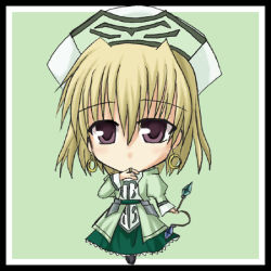 Rule 34 | 00s, 1girl, armor, armored dress, beret, blonde hair, brown eyes, chibi, chibi only, crystal, earrings, full body, hat, jacket, jewelry, klarwind, looking at viewer, lowres, lyrical nanoha, magical girl, mahou shoujo lyrical nanoha, mahou shoujo lyrical nanoha a&#039;s, open clothes, open jacket, puffy sleeves, ring, shamal, shikine, short hair, solo, standing, waist cape