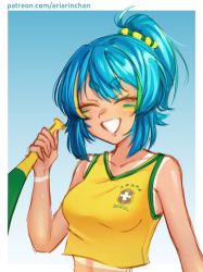 Rule 34 | 1girl, 2022 fifa world cup, :d, ^ ^, aria rin, aria rin (artist), blonde hair, blue background, border, brazil, breasts, closed eyes, collarbone, commentary, english commentary, green hair, holding, indie virtual youtuber, medium breasts, mixed-language commentary, multicolored hair, open mouth, ponytail, portuguese commentary, sketch, smile, solo, streaked hair, tan, tank top, tanline, v-shaped eyebrows, virtual youtuber, watermark, web address, white border, world cup, yellow tank top