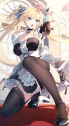 Rule 34 | 1girl, apron, arm behind back, black panties, black thighhighs, blonde hair, blue eyes, breasts, frilled shirt, frilled skirt, frills, garter straps, gloves, groin, hair ornament, hair ribbon, hand up, highres, holding, jewelry, long hair, looking at viewer, maid, maid apron, maid headdress, md5 mismatch, neck ribbon, on one knee, open mouth, panties, regina mercedes, resolution mismatch, ribbon, seiken gakuin no maken tsukai, shirt, shoes, sidelocks, skirt, sleeveless, sleeveless shirt, smile, solo, source smaller, thighhighs, toosaka asagi, twintails, underwear, very long hair