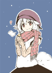 Rule 34 | 1girl, animal ears, detached sleeves, food, fringe trim, hat, heart, inubashiri momiji, kokutei n, looking at viewer, pom pom (clothes), potato, red eyes, scarf, short hair, silver hair, smile, snow, solo, sweet potato, tail, touhou, wolf ears, wolf tail