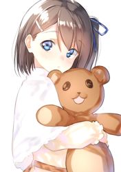 Rule 34 | 1girl, blue eyes, blue ribbon, blush, brown hair, capelet, closed mouth, commentary request, dress, hair between eyes, hair ornament, hair ribbon, hairclip, head tilt, highres, long sleeves, hugging object, one side up, original, ribbon, simple background, solo, stuffed animal, stuffed toy, suzunari shizuku, teddy bear, upper body, white background, white capelet, white dress, yuki arare