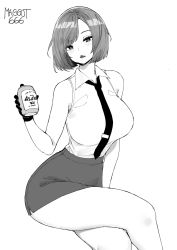 Rule 34 | 1girl, aliasing, artist name, asahi beer, asahi breweries, bare arms, bare shoulders, beer can, blouse, breasts, can, collared shirt, commission, crossed legs, curvy, drink can, facing viewer, gloves, greyscale, highres, large breasts, looking at viewer, mature female, miniskirt, monochrome, necktie, norman maggot, parted lips, pencil skirt, shirt, short hair, simple background, sitting, skirt, sleeveless, sleeveless shirt, snk, solo, standing, swept bangs, the king of fighters, vanessa (kof), white background
