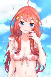 Rule 34 | 1girl, ahoge, bad id, bad pixiv id, bikini, blue eyes, blush, breasts, cleavage, cloud, collarbone, commentary request, day, floral print, go-toubun no hanayome, hair between eyes, hair ornament, highres, large breasts, long hair, looking at viewer, nakano itsuki, navel, outdoors, pink bikini, red hair, smile, solo, star (symbol), star hair ornament, swimsuit, toffee paint