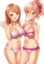 Rule 34 | 2girls, :d, bare arms, bare legs, bare shoulders, blush, bow, bra, breasts, brown eyes, brown hair, cleavage, closed mouth, collarbone, couple, eyelashes, female focus, hair between eyes, hair bow, hand on another&#039;s hip, hand on own chest, hand up, happy, highres, hip focus, hojo karen, hug, idolmaster, idolmaster cinderella girls, jewelry, jougasaki mika, large breasts, legs, lingerie, long hair, looking at another, looking at viewer, medium breasts, midriff, mk (mod0), multiple girls, navel, neck, necklace, open mouth, orange hair, panties, pink bra, pink hair, pink panties, polka dot, polka dot bra, polka dot panties, ponytail, purple bow, sidelocks, simple background, smile, standing, star (symbol), star necklace, swept bangs, thighs, underwear, underwear only, waving, white background, yellow eyes, yuri