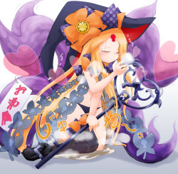 Rule 34 | 1girl, abigail williams (fate), anbee (arary), black footwear, black hair, black panties, black thighhighs, blonde hair, blush, bow, closed eyes, closed mouth, fate/grand order, fate (series), female focus, full body, hand up, happy, hat, hat bow, heart, highres, holding, japanese text, key, keyhole, kneeling, long hair, navel, orange bow, panties, peeing, peeing self, puddle, purple bow, revealing clothes, see-through, shoes, sign, simple background, single thighhigh, smile, solo, steam, sweat, tears, thighhighs, translation request, trembling, underwear, urine meter, very long hair, wet, wet clothes, wet panties, white background, witch hat