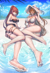 Rule 34 | 1girl, 2girls, arm support, ass, bad id, bad pixiv id, barefoot, beach, bikini, black one-piece swimsuit, blue sky, blush, breasts, brown hair, character name, choker, cleavage, closed mouth, cloud, collarbone, dated, day, feet, girls&#039; frontline, green eyes, hair between eyes, hair ribbon, hair rings, half updo, hand on headwear, hat, large breasts, long hair, long sleeves, looking at viewer, lying, multiple girls, official alternate costume, one-piece swimsuit, one side up, open mouth, outdoors, palm tree, ponytail, purple hair, red eyes, ribbon, shaded face, shiny skin, sidelocks, signature, skindentation, sky, smile, soles, springfield (girls&#039; frontline), springfield (stirring mermaid) (girls&#039; frontline), suerte, sun hat, swimsuit, thigh strap, thighs, toes, tree, very long hair, wa2000 (girls&#039; frontline), wa2000 (op. manta ray) (girls&#039; frontline), waves, wet, wet clothes