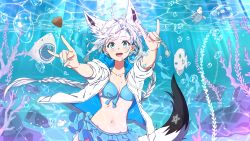 Rule 34 | 1girl, :d, animal ears, aqua bikini, aqua eyes, aqua nails, bamboo shoot, bikini, blush, braid, breasts, bubble, cleavage, cno, collarbone, commentary, coral, cowboy shot, earrings, english commentary, fish, fox ears, fox shadow puppet, fox tail, frilled bikini, frills, highres, hololive, hood, hooded jacket, jacket, jewelry, light rays, long hair, looking at viewer, medium breasts, midriff, mixed-language commentary, nail polish, navel, open clothes, open jacket, open mouth, oruyanke (shirakami fubuki), outstretched arms, pentagram, seaweed, shark, shirakami fubuki, shirakami fubuki (hololive summer 2019), side braids, silver hair, smile, solo, sunlight, swimsuit, symbol-only commentary, tail, turtle, twin braids, underwater, virtual youtuber, white jacket