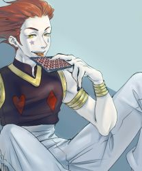 Rule 34 | 1boy, armlet, bare shoulders, bracelet, card, facial mark, hisoka morow, homil22, hunter x hunter, jewelry, licking, male focus, pants, playing card, red hair, sitting, solo, white pants, yellow eyes