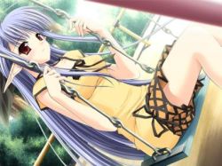 Rule 34 | 00s, 1girl, ahoge, backlighting, blue hair, blurry, bow, day, demon, depth of field, dress, from side, game cg, half updo, legs together, long hair, lowres, nerine, outdoors, playground, pointy ears, red eyes, shuffle!, sitting, solo, swing, very long hair
