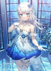 Rule 34 | 1girl, bare shoulders, blue eyes, blush, breasts, choker, cleavage, closed mouth, commentary request, copyright name, dress, earrings, fish, flower, gloves, hair flower, hair ornament, hand on own chest, hand up, highres, indie virtual youtuber, indoors, jewelry, kikugetsu, long hair, looking at viewer, medium breasts, milestone celebration, mole, mole under eye, nagino mashiro, nagino mashiro (2st costume), necklace, small breasts, smile, solo, standing, strapless, strapless dress, virtual youtuber, white gloves, white hair, window