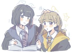 Rule 34 | !?, 2girls, :o, alternate costume, alternate universe, animal ears, black cloak, black hair, blue necktie, blunt bangs, blunt ends, blush, book, braid, brown hair, center-flap bangs, cloak, closed mouth, collared shirt, commentary, diagonal-striped clothes, diagonal-striped necktie, dog ears, drawn ears, dress shirt, flower knot, flying sweatdrops, green eyes, harry potter (series), headpat, hogwarts school uniform, holding, hood, hooded cloak, hufflepuff, kachimachi kosuzu, link! like! love live!, long hair, long sleeves, looking at another, love live!, momose ginko, multiple girls, necktie, notice lines, open book, pink eyes, ravenclaw, school uniform, shirt, short hair, side braids, simple background, smile, spoken interrobang, straight hair, striped clothes, symbol-only commentary, translation request, upper body, virtual youtuber, white background, white shirt, wizarding world, woodonly, yellow necktie