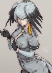Rule 34 | 10s, 1girl, adjusting clothes, adjusting gloves, bad id, bad pixiv id, black gloves, black hair, bodystocking, collared shirt, gloves, grey necktie, grey shirt, hair between eyes, head wings, highres, kemono friends, multicolored hair, necktie, pocket, shiba itsuki, shirt, shoebill (kemono friends), short sleeves, shorts, simple background, solo, wings, yellow eyes