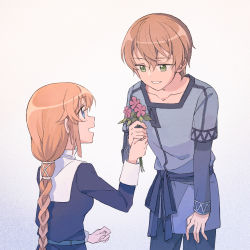 Rule 34 | 1boy, 1girl, :d, absurdres, blouse, blue eyes, blue ribbon, blue shirt, braid, braided ponytail, brown hair, collarbone, cowboy shot, eugeo, eye contact, flower, green eyes, grin, highres, holding, holding flower, layered sleeves, leaning forward, long hair, long sleeves, looking at another, nauxii, open mouth, pink flower, ponytail, ribbon, sailor collar, selka zuberg, shirt, short over long sleeves, short sleeves, simple background, single braid, smile, sword art online, white background, white sailor collar