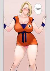 Rule 34 | 1girl, absurdres, android 18, blonde hair, blue eyes, blue sash, blush, bottomless, bracer, breasts, collarbone, commentary, dougi, dragon ball, dragonball z, english commentary, english text, facing viewer, feet out of frame, highres, jnsdh, large breasts, looking at viewer, mature female, nose blush, panties, parted lips, pink panties, sash, short hair, solo, speech bubble, standing, sweatdrop, underwear