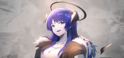 Rule 34 | 1girl, :d, absurdres, arknights, black jacket, blue eyes, blue hair, commentary request, fur-trimmed jacket, fur trim, grey background, halo, highres, horns, huge filesize, jacket, long hair, looking at viewer, mostima (arknights), ohako (ohako1818), open clothes, open jacket, open mouth, shirt, smile, solo, upper body, white shirt