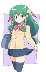 Rule 34 | 1girl, artist request, closed mouth, drawfag, feena (grandia), grandia, grandia i, green eyes, green hair, hair ornament, hair tubes, long hair, looking at viewer, low-tied long hair, pleated skirt, school uniform, skirt, smile, solo, thighhighs