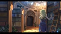 Rule 34 | 10s, 1girl, absurdres, animal, arch, banner, black cat, blonde hair, blue dress, book stack, bookshelf, cat, diana cavendish, dome, dress, facing away, from behind, hand up, highres, indoors, ladder, letterboxed, library, little witch academia, long hair, plant, potted plant, rug, sansan jun, sash, shirt, sleeveless, sleeveless dress, solo, standing, sunlight, white shirt, wooden floor