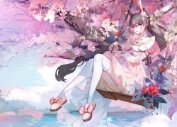 Rule 34 | 1girl, animal ears, bow, branch, brown hair, douluo dalu, dress, flower, footwear bow, hair flower, hair ornament, leaf, pink dress, ponytail, rabbit ears, red flower, second-party source, shoes, solo, swing set, thighhighs, xiao wu (douluo dalu), zhi shui re