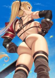 Rule 34 | 1girl, absurdres, armor, ass, blonde hair, breasts, female focus, from behind, from below, highres, large breasts, long hair, original, outdoors, ponytail, red eyes, sideboob, solo, standing, sword, tagme, warrior, weapon