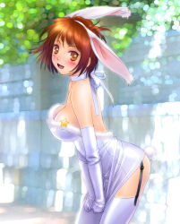 Rule 34 | 1girl, animal ears, bare shoulders, blush, breasts, brown eyes, brown hair, cleavage, clothes pull, dress, dress pull, elbow gloves, eyeshadow, garter straps, gloves, highres, large breasts, looking at viewer, makeup, open mouth, original, rabbit ears, rabbit tail, ribbon, short hair, solo, tail, thighhighs, white thighhighs, yui toshiki