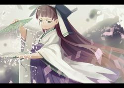 Rule 34 | 10s, 1girl, anne (wixoss), bow, brown hair, folding fan, gradient background, green eyes, hair bow, hand fan, highres, japanese clothes, letterboxed, long hair, looking at viewer, shamonabe, smile, solo, very long hair, wixoss