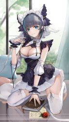 Rule 34 | 1girl, absurdres, animal band, animal ears, apron, arm garter, azur lane, book, breasts, cheshire (azur lane), cleavage, detached sleeves, fake animal ears, flower, frilled hairband, frilled ribbon, frills, garter straps, hairband, hand up, highres, holding, holding book, k/a, kneeling, maid, maid headdress, medium breasts, multicolored hair, no shoes, puffy detached sleeves, puffy sleeves, purple apron, ribbon, rose, short hair, skirt, solo, streaked hair, thighhighs, two-tone hair, white skirt, white thighhighs, wrist cuffs