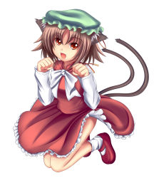 Rule 34 | 1girl, animal ears, brown eyes, brown hair, cat ears, cat girl, cat tail, chen, earrings, fang, female focus, full body, hat, jewelry, jumping, koyake, multiple tails, open mouth, paw pose, short hair, simple background, smile, solo, tail, touhou, white background