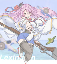 Rule 34 | 1girl, aircraft, azur lane, black thighhighs, blush, bow, bowtie, breasts, bu4321, character name, covered navel, day, dress, garter straps, headgear, holding, holding weapon, jacket, lexington (azur lane), long hair, ocean, off shoulder, pink hair, red bow, red bowtie, ribbon, sky, smile, solo, thighhighs, water, weapon, white jacket