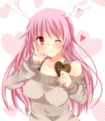 Rule 34 | 1girl, alternate costume, animal ears, bad id, bad pixiv id, bare shoulders, blush, breasts, rabbit ears, chocolate, covered erect nipples, female focus, heart, impossible clothes, impossible shirt, impossible sweater, long hair, looking at viewer, nipples, one eye closed, oumiya sakura, purple hair, red eyes, reisen udongein inaba, sakuranchu, shirt, solo, sweater, touhou, valentine, wink