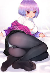 Rule 34 | 10s, 1girl, ass, black pantyhose, blush, breasts, collared shirt, commentary request, feet, foreshortening, gridman universe, jacket, large breasts, long sleeves, lying, no shoes, off shoulder, on side, open mouth, panties, panties under pantyhose, pantyhose, purple hair, purple jacket, red eyes, see-through, shinjou akane, shirt, short hair, soles, solo, ssss.gridman, toes, underwear, white panties, white shirt, wing collar, xiaoshou xiansheng
