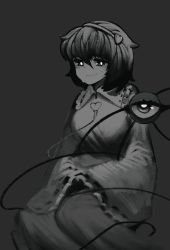 Rule 34 | 1girl, breasts, closed mouth, commentary, dark, dark background, frilled sleeves, frills, grey background, greyscale, hair ornament, hairband, heart, heart hair ornament, highres, kelbhin, komeiji satori, looking at viewer, medium breasts, monochrome, short hair, simple background, sitting, smile, solo, third eye, touhou, wide sleeves