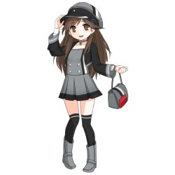 Rule 34 | 1girl, adapted costume, alternate costume, arashio (kancolle), bag, black socks, black thighhighs, brown eyes, brown hair, choker, cosplay, gloves, hat, jewelry, kantai collection, kneehighs, long hair, military, military uniform, necklace, open mouth, peaked cap, pigeon-toed, prinz eugen (kancolle), prinz eugen (kancolle) (cosplay), simple background, skirt, smile, socks, solo, thighhighs, tun, uniform, white background, white gloves
