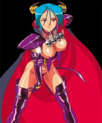 Rule 34 | 00s, 1990s (style), 1girl, black background, blue hair, boots, breasts, carrera, demon girl, demon tail, horns, jewelry, large breasts, leaning forward, looking at viewer, necklace, nipples, red eyes, retro artstyle, simple background, skull necklace, sogna, solo, tail, thigh boots, thighhighs, viper, viper gts