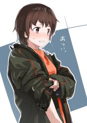 Rule 34 | 1girl, blush, breath, brown eyes, brown hair, clenched teeth, coat, commentary request, copyright request, from side, fur trim, green jacket, highres, jacket, long sleeves, muchi maro, open clothes, open coat, open jacket, orange shirt, outline, rolling sleeves up, shirt, short hair, solo, sweatdrop, teeth, upper body, white outline