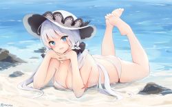 Rule 34 | 1girl, ass, azur lane, bare arms, bare shoulders, barefoot, beach, bikini, blue eyes, breasts, cleavage, hair ornament, haruka poi, hat, head rest, highres, illustrious (azur lane), large breasts, legs up, long hair, looking at viewer, low twintails, lying, on stomach, open mouth, smile, solo, steepled fingers, string bikini, sun hat, swimsuit, twintails, water, white bikini, white hair, white hat
