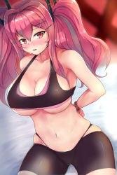Rule 34 | 1girl, alternate costume, armpits, arms behind back, azur lane, bare shoulders, bike shorts, bikini, bikini top only, black bikini, blurry, blurry background, blush, bound, bound wrists, breasts, bremerton (azur lane), bremerton (scorching-hot training) (azur lane), cleavage, collarbone, commentary request, cowboy shot, fujita kanbe, grey hair, groin, hair between eyes, hair intakes, hair ornament, hairclip, highleg, highleg bikini, highres, large breasts, layered bikini, long hair, looking at viewer, midriff, multicolored hair, navel, no mole, nose blush, parted lips, pink bikini, pink eyes, pink hair, restrained, sidelocks, skindentation, solo, standing, streaked hair, sweat, swimsuit, twintails, two-tone hair, underboob, x hair ornament
