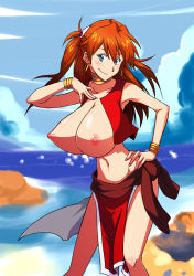 Rule 34 | 1girl, alternate breast size, bare shoulders, blush, bracelet, breasts, breasts out, cleavage, company connection, cosplay, creator connection, earrings, fushigi no umi no nadia, hand on own hip, huge breasts, jewelry, large breasts, loincloth, long hair, lots of jewelry, midriff, nadia la arwall, nadia la arwall (cosplay), neck ring, neon genesis evangelion, nipples, pelvic curtain, smile, solo, souryuu asuka langley, sunahara wataru, two side up