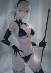 Rule 34 | 1girl, artoria pendragon (all), artoria pendragon (alter swimsuit rider) (second ascension) (fate), artoria pendragon (fate), bare shoulders, bikini, black bikini, black gloves, black thighhighs, blonde hair, blush, breasts, cleavage, collarbone, elbow gloves, fate/stay night, fate (series), gloves, highres, imizu (nitro unknown), large breasts, long hair, looking at viewer, navel, ponytail, saber alter, sidelocks, solo, swimsuit, thighhighs, yellow eyes