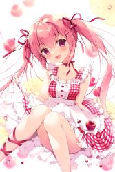 Rule 34 | 1girl, apple, blurry, blurry background, buttons, cherry, choker, commentary request, dress, feet out of frame, food, food-themed hair ornament, frilled dress, frills, fruit, hair between eyes, hair ornament, hair ribbon, hairclip, hand up, head tilt, heart, heart button, highres, long hair, looking at viewer, miyasaka miyu, open mouth, original, pink hair, purple eyes, ribbon, ribbon choker, sitting, skirt hold, sleeveless, smile, solo, twintails, water drop