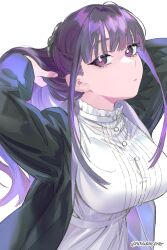 Rule 34 | 1girl, arms behind head, arms up, black coat, blunt bangs, closed mouth, coat, dress, eyelashes, fern (sousou no frieren), from above, from side, hair lift, hair ornament, half updo, highres, long hair, long sleeves, looking at viewer, novasorcerer, purple hair, sidelocks, simple background, solo, sousou no frieren, straight hair, twitter username, very long hair, white background, white dress