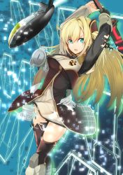Rule 34 | 1girl, absurdres, black thighhighs, blonde hair, collared dress, dress, duel monster, gloves, green eyes, highres, holding, holding weapon, ku-ba, long hair, long sleeves, looking at viewer, one side up, open mouth, sentouki rei, short dress, solo, standing, sword, thighhighs, weapon, yu-gi-oh!, zettai ryouiki